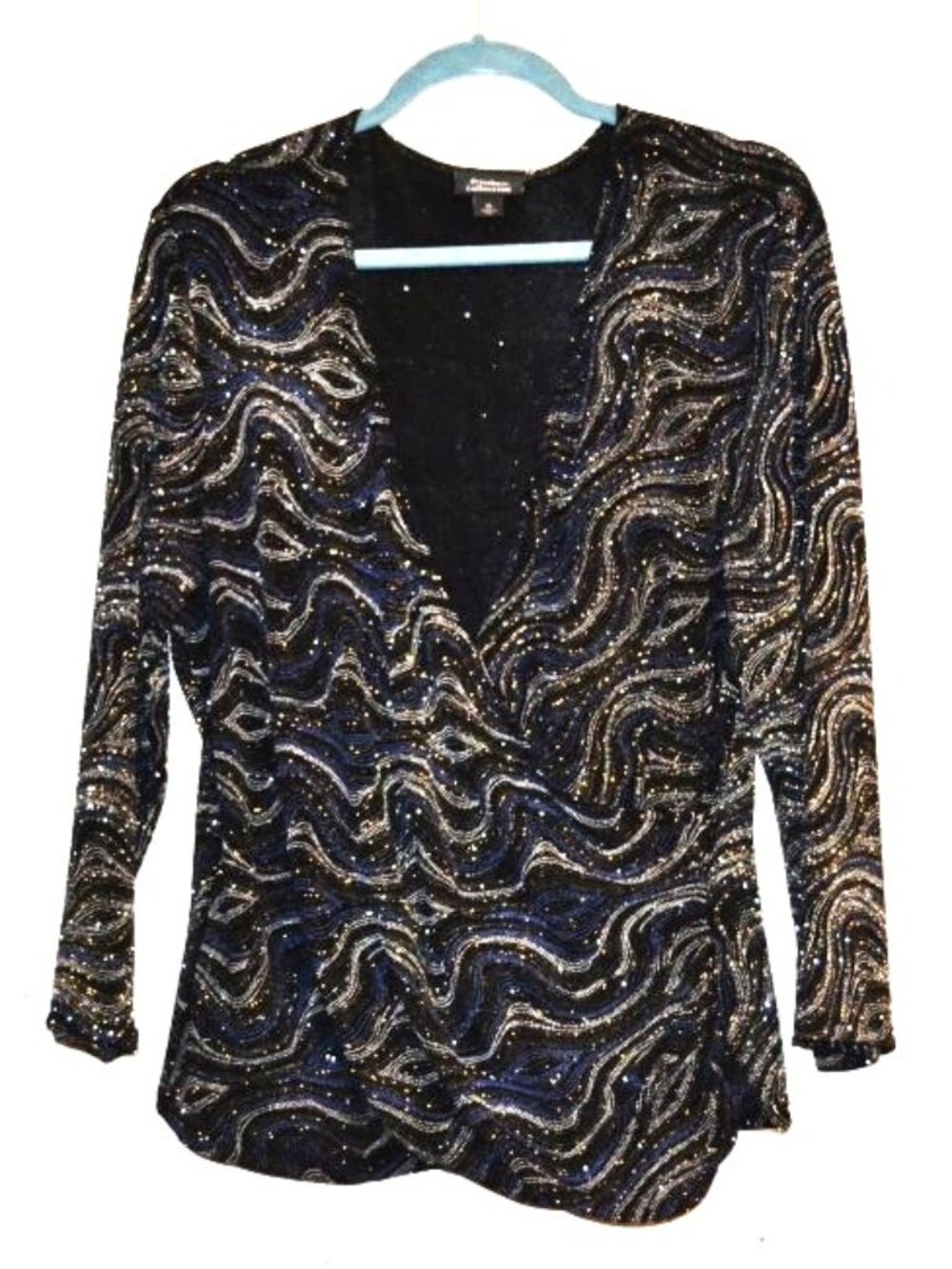 Women's Black, Blue & Silver Long Sleeve Dressy Top